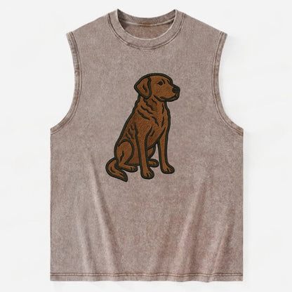 Chesapeake Bay Retriever - Brown wavy coat embroidered sitting pose - Vintage Washed Tank - Brown