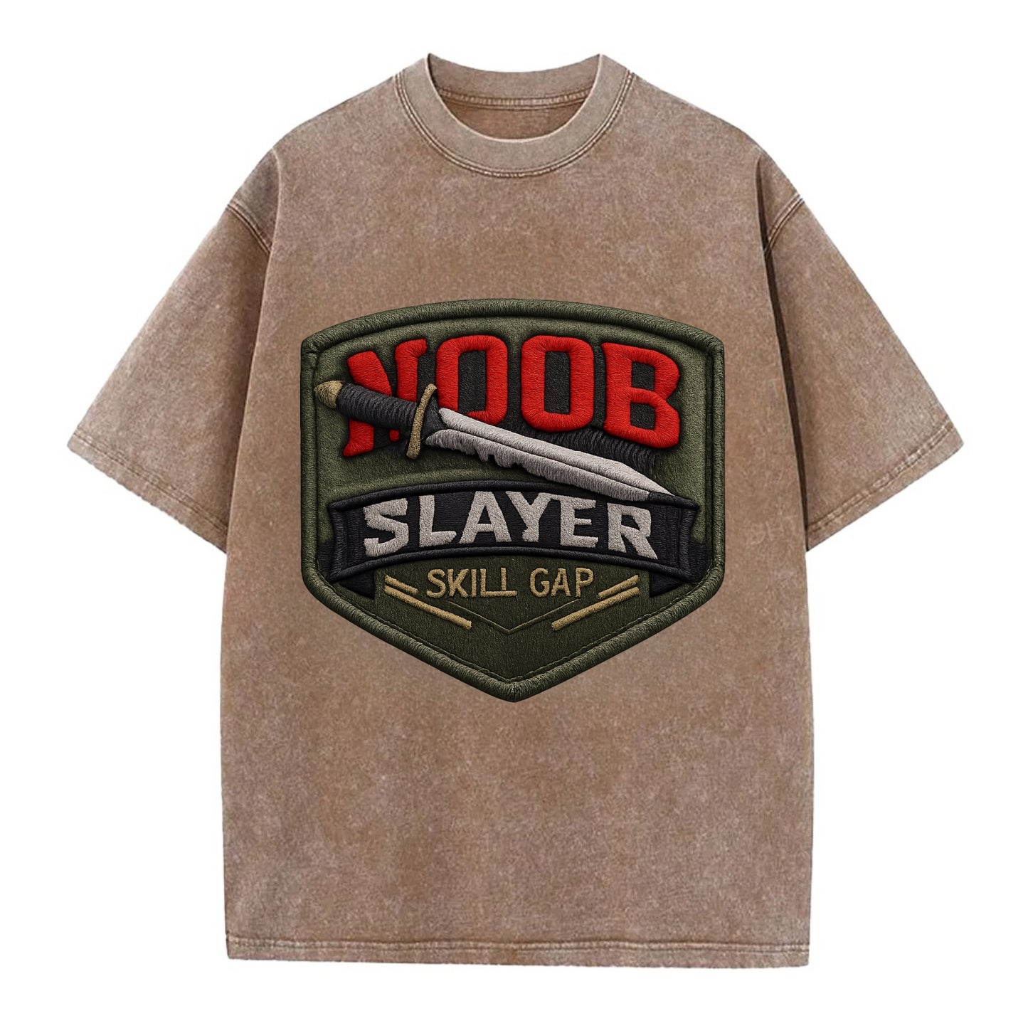NOOB SLAYER - sword through noob text in red and silver , skill gap - Vintage T-shirt - Brown