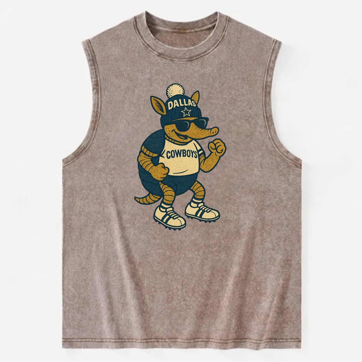 Dallas Armadillo wearing Cowboys beanie with lone star patch and wayfarer - Vintage Washed Tank - Brown