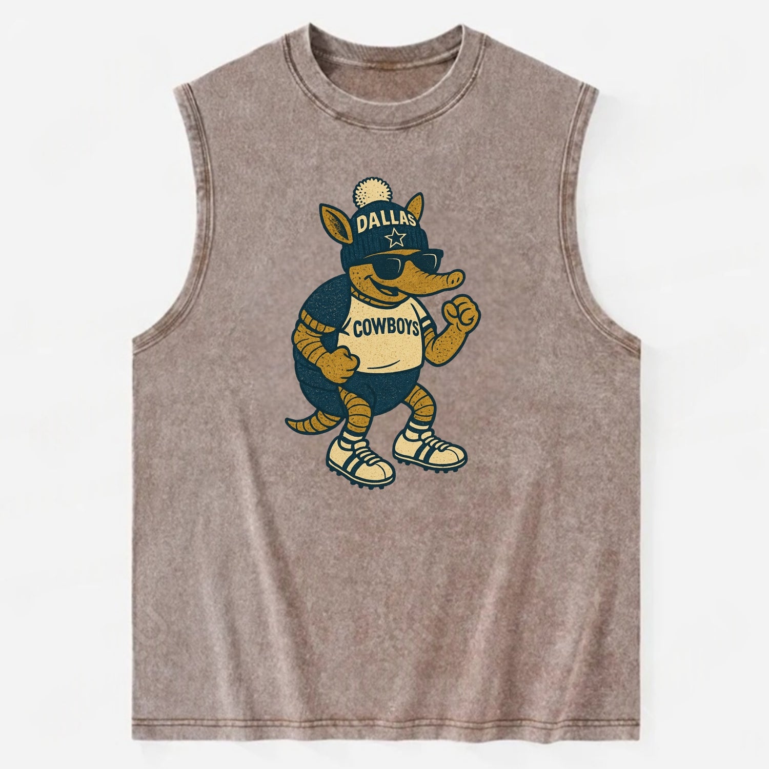 Dallas Armadillo wearing Cowboys beanie with lone star patch and wayfarer - Vintage Washed Tank - Brown