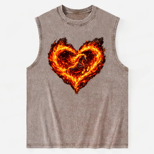 HEART OF FIRE | Flaming heart with horse silhouette inside | Passion embodied - Vintage Washed Tank - Brown