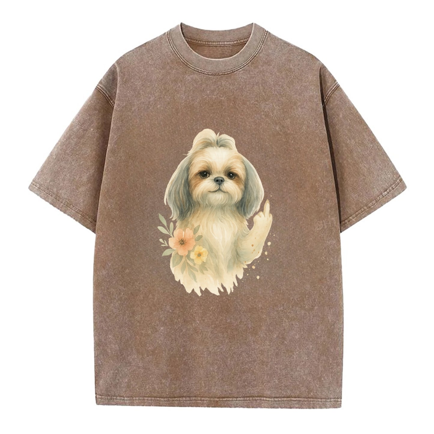 Shih Tzu with long flowing silky hair, tiny paw showing attitude - Vintage T-shirt - Brown