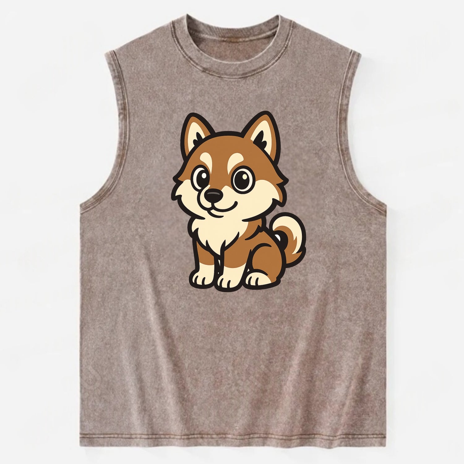 Pomsky - Pomeranian-Husky mix sitting pose - Vintage Washed Tank - Brown