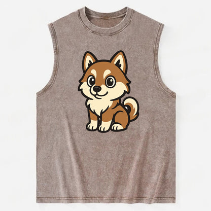 Pomsky - Pomeranian-Husky mix sitting pose - Vintage Washed Tank - Brown