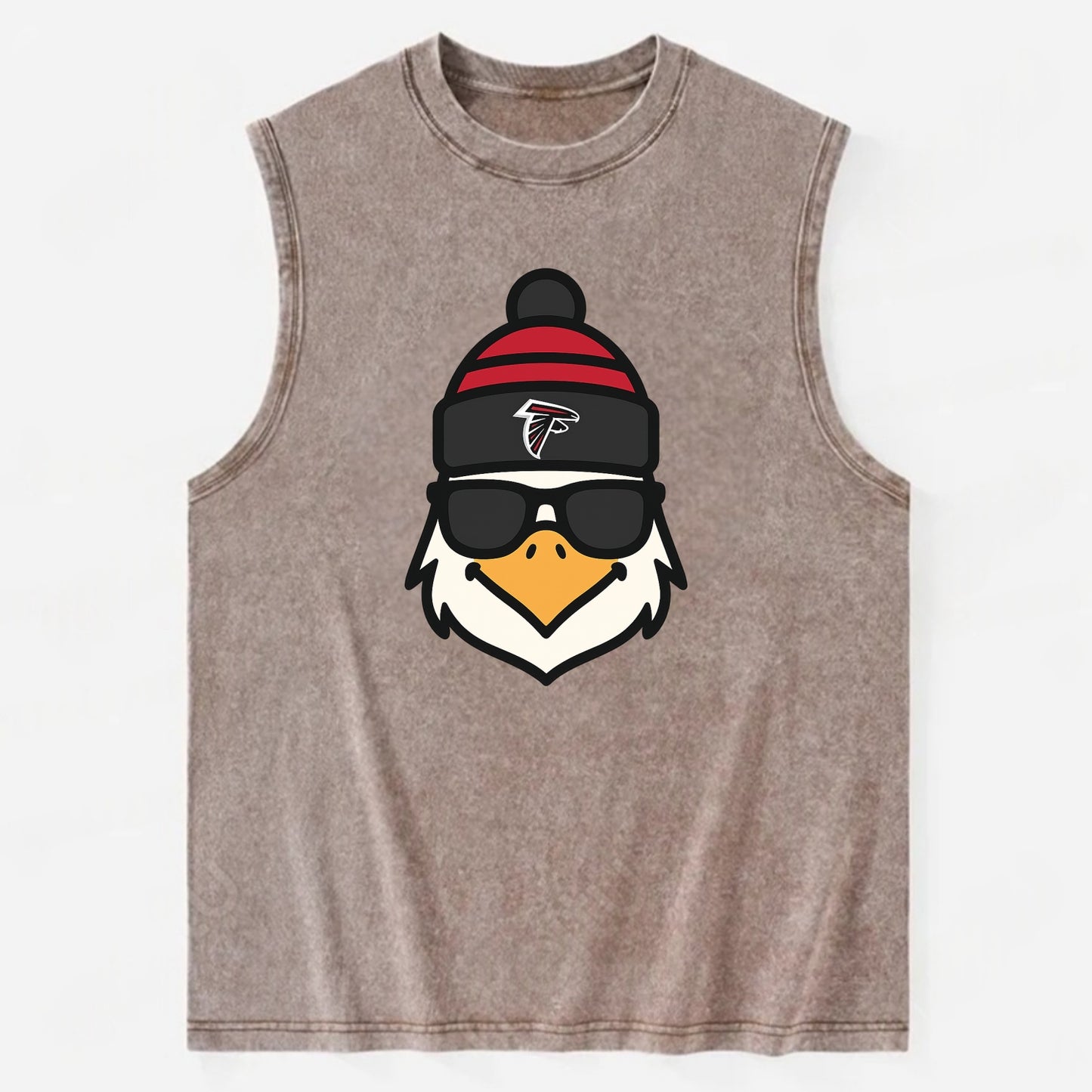 Atlanta Falcon wearing Falcons red and black beanie with pom pom and wayfarer - Vintage Washed Tank - Brown
