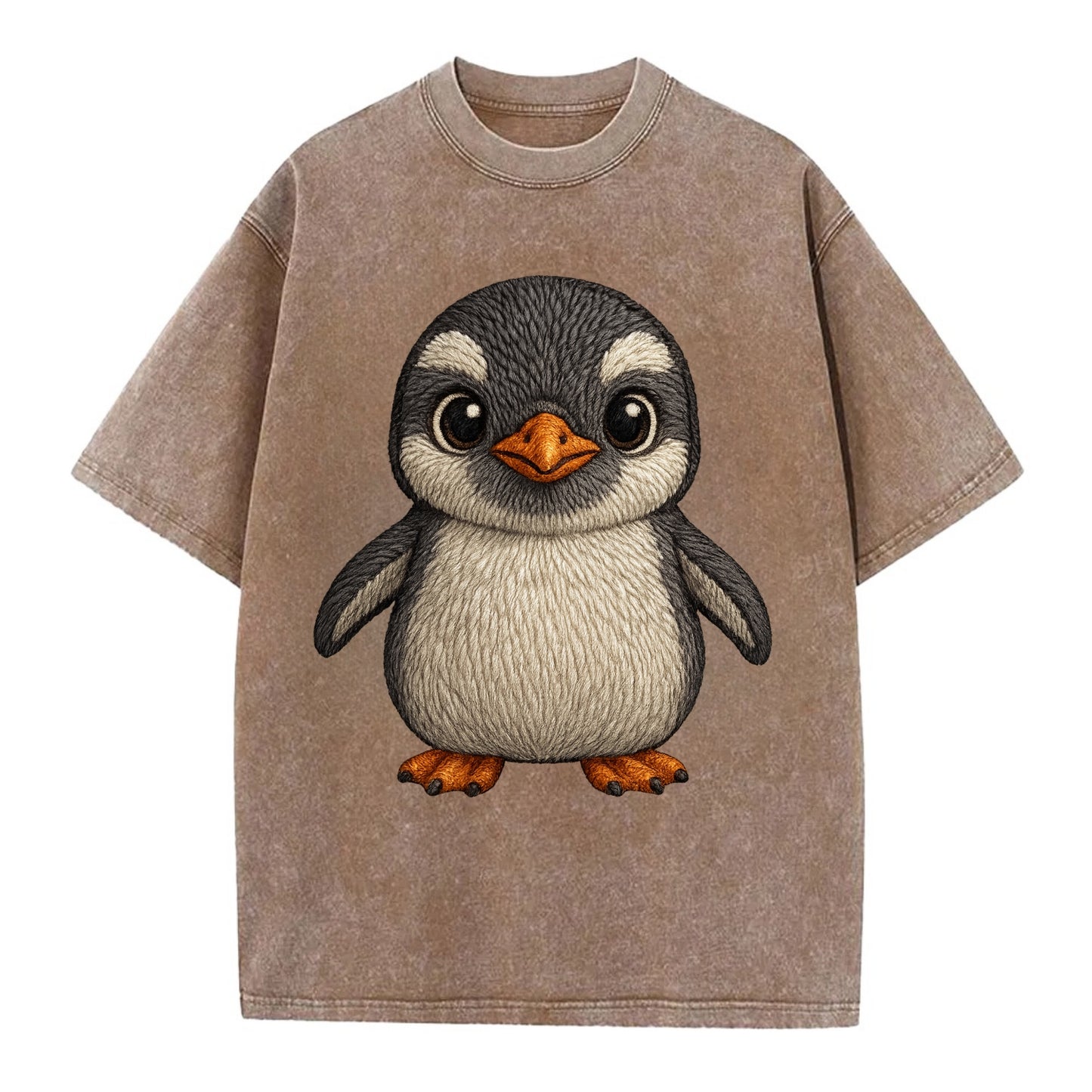 Baby Gentoo Penguin - orange beak, white cap, bright eyes, front-facing, energetic - Vintage T-shirt - Brown