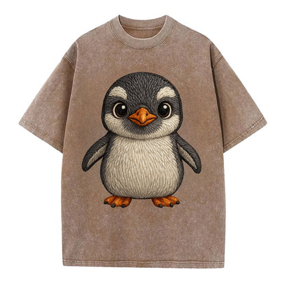 Baby Gentoo Penguin - orange beak, white cap, bright eyes, front-facing, energetic - Vintage T-shirt - Brown