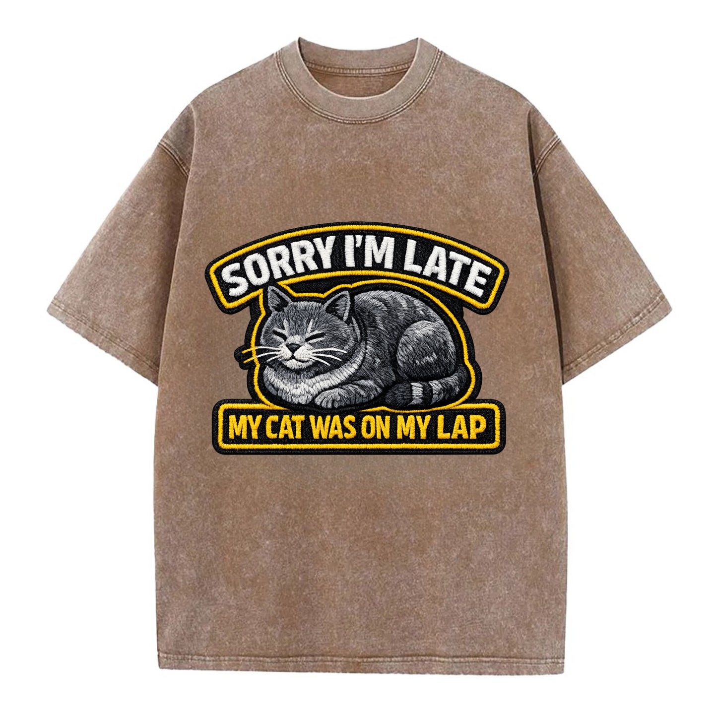 SORRY IM LATE MY CAT WAS ON MY LAP - cat loaf in gray , valid excuse - Vintage T-shirt - Brown