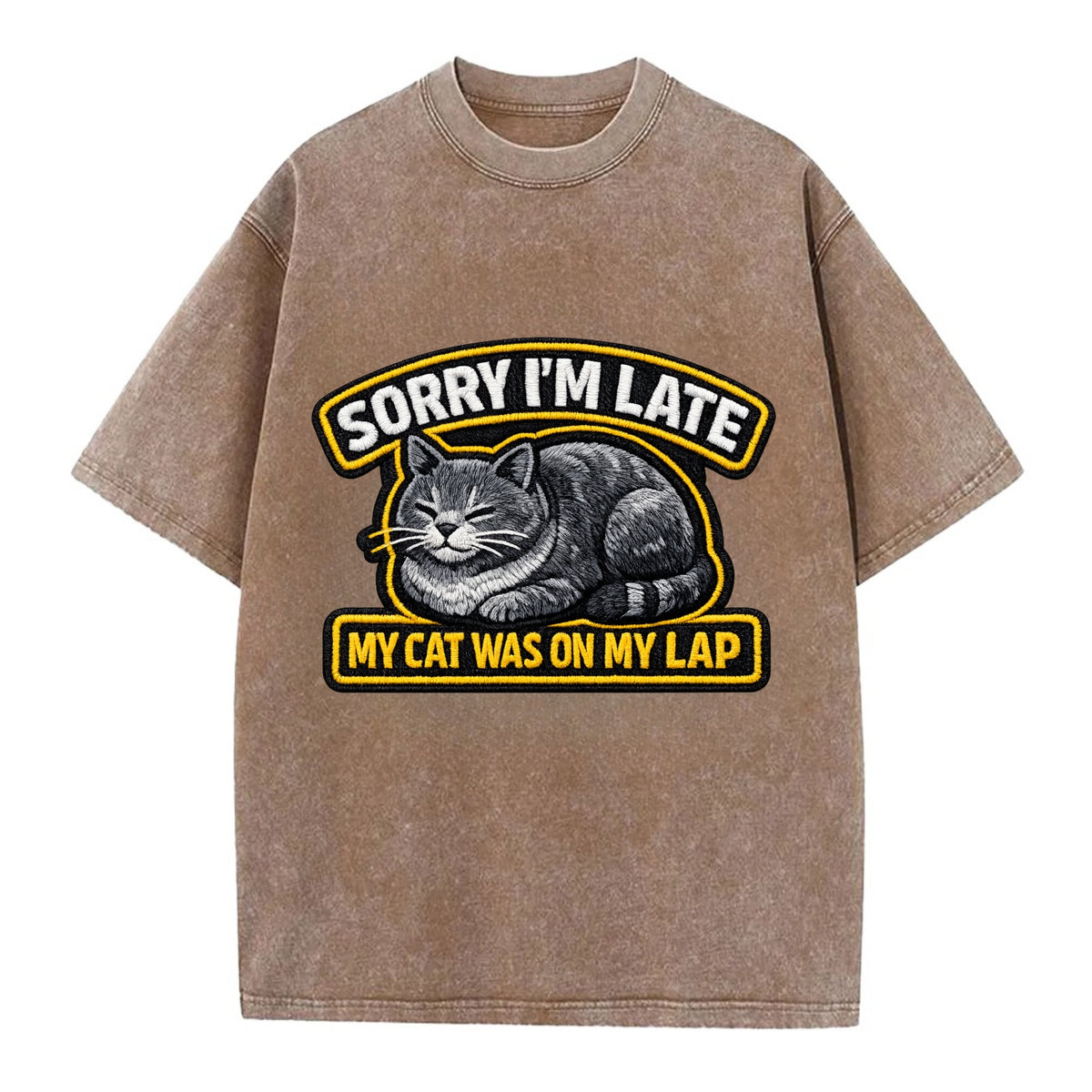 SORRY IM LATE MY CAT WAS ON MY LAP - cat loaf in gray , valid excuse - Vintage T-shirt - Brown