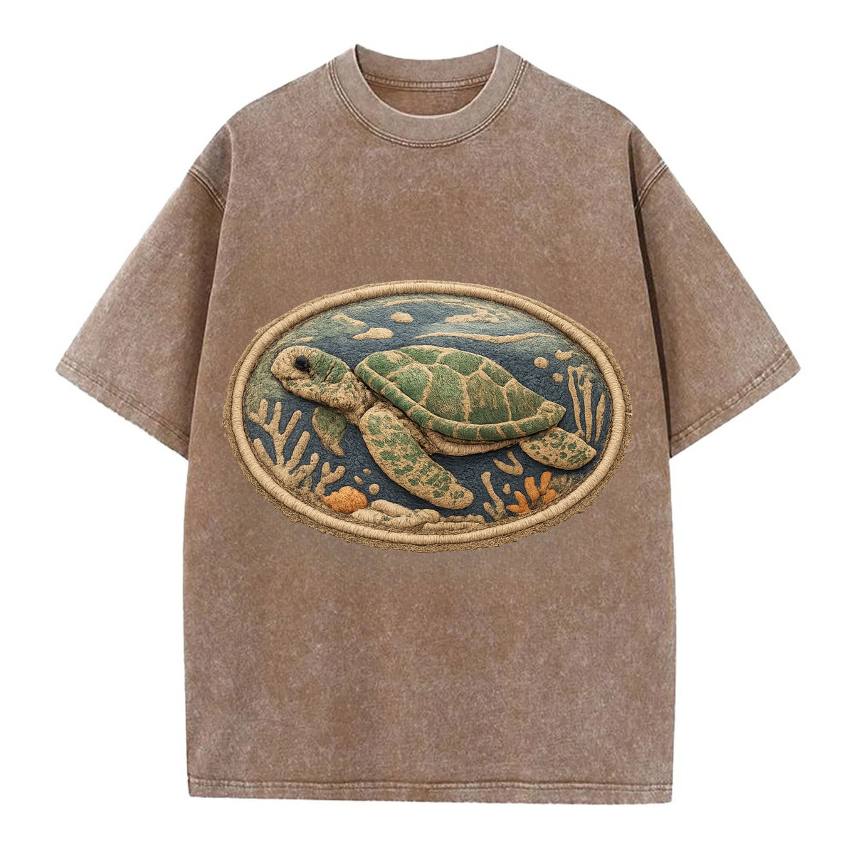 SEA TURTLE - swimming turtle in green and blue , ocean life - Vintage T-shirt - Brown