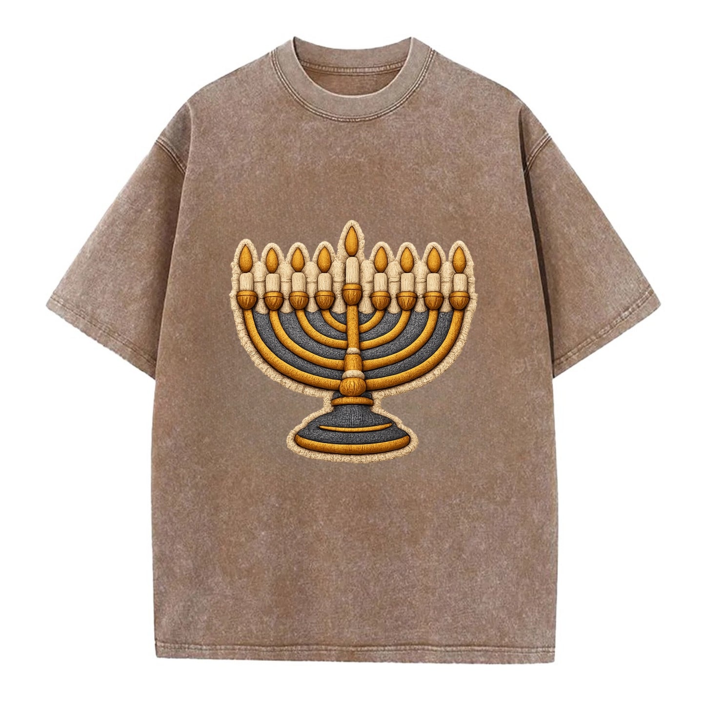 MENORAH LIGHTS - nine branch candelabra in gold and blue , Hanukkah - Vintage T-shirt - Brown