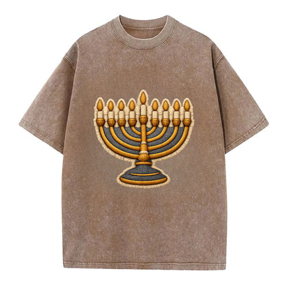 MENORAH LIGHTS - nine branch candelabra in gold and blue , Hanukkah - Vintage T-shirt - Brown