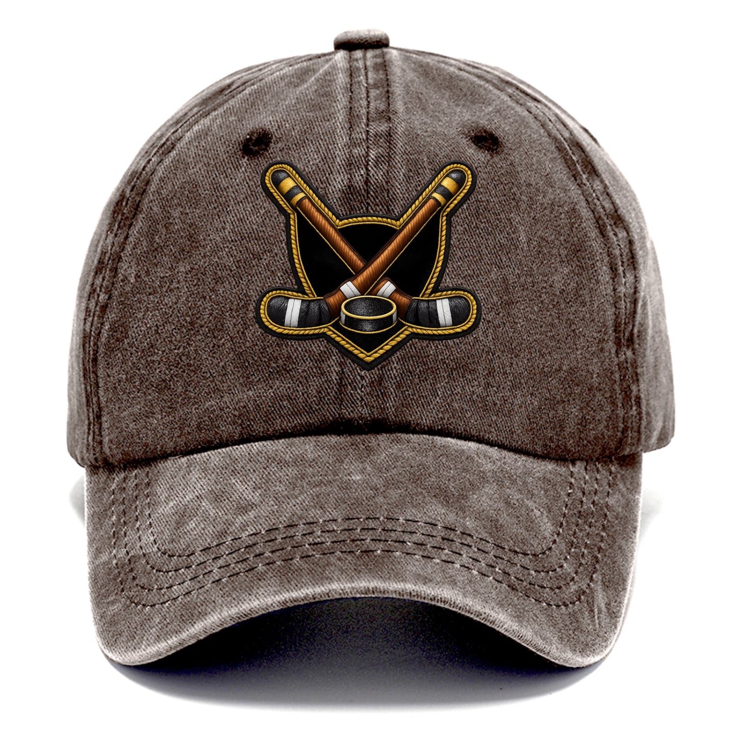 Embroidered patch design - HOCKEY CROSSED STICKS - ice hockey sticks with puck in - Classic Cap - Brown