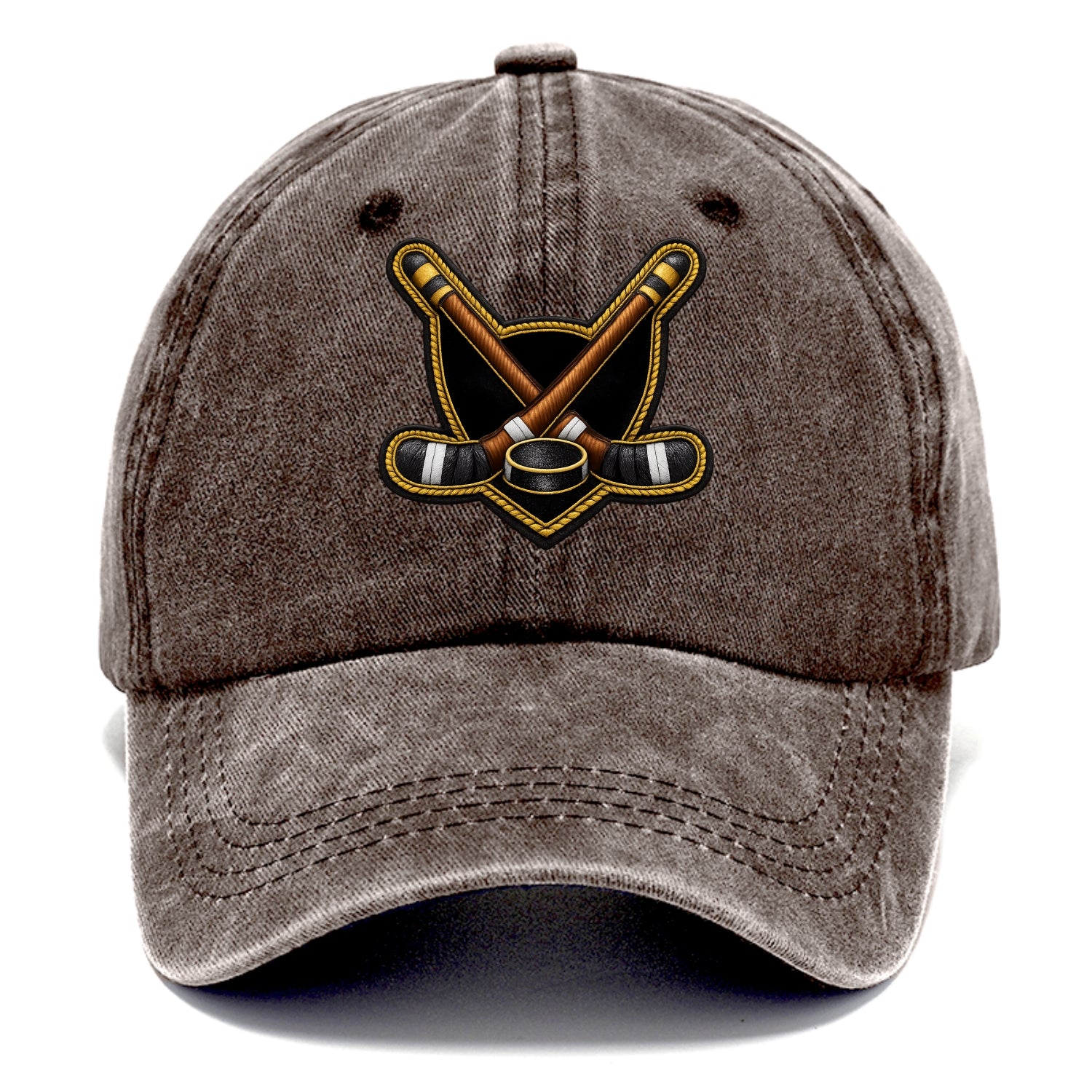 Embroidered patch design - HOCKEY CROSSED STICKS - ice hockey sticks with puck in - Classic Cap - Brown