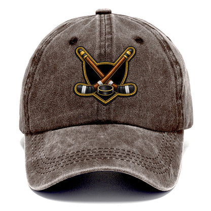 Embroidered patch design - HOCKEY CROSSED STICKS - ice hockey sticks with puck in - Classic Cap - Brown