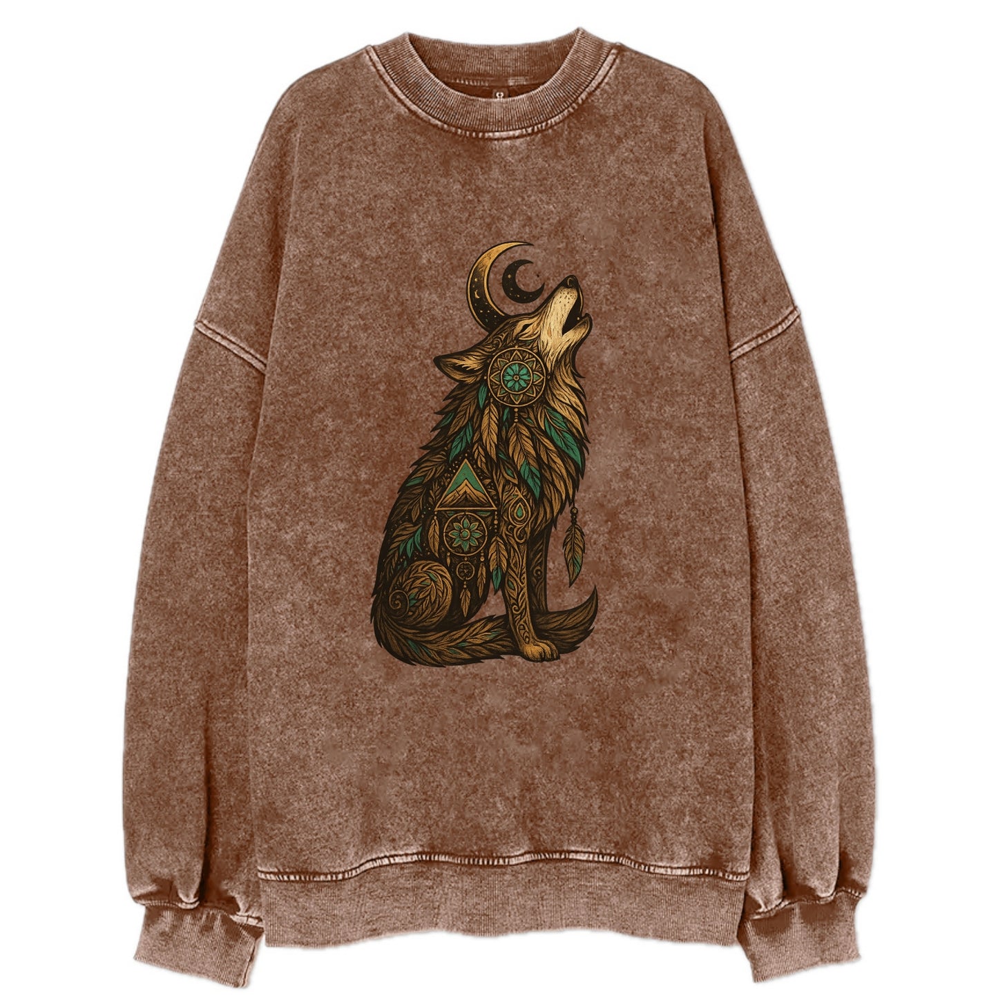 Celestial Moon Wolf  - Vintage Sweatshirt - Brown