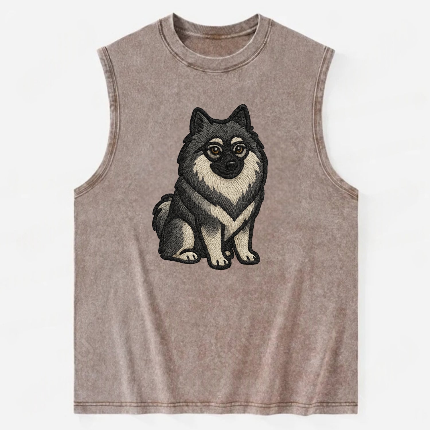 Keeshond - Gray and black spectacles embroidered design - Vintage Washed Tank - Brown