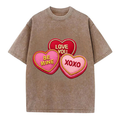 VALENTINES HEARTS - candy hearts in pink and red , love day - Vintage T-shirt - Brown