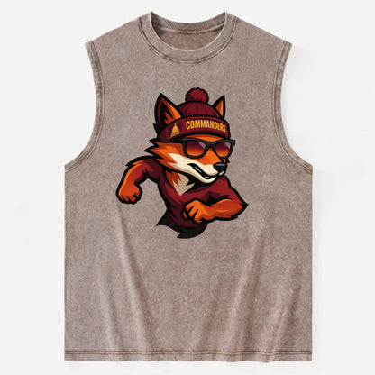 Washington Fox wearing Commanders beanie with Capitol patch and wayfarer - Vintage Washed Tank - Brown