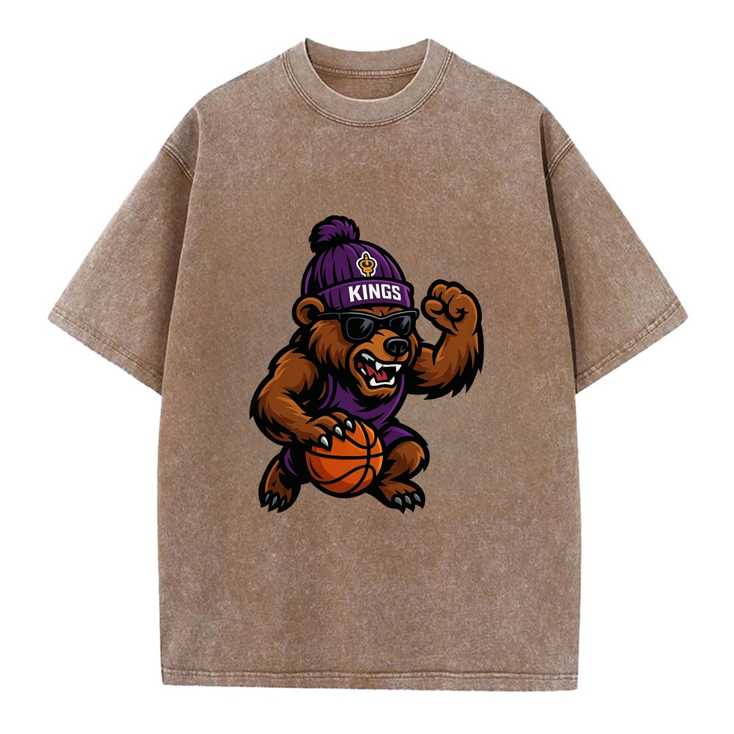 California Grizzly wearing Kings beanie with royal scepter patch and wayfarer - Vintage T-shirt - Brown