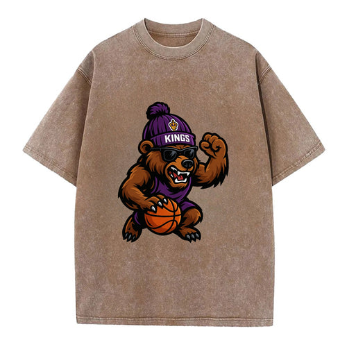 California Grizzly wearing Kings beanie with royal scepter patch and wayfarer - Vintage T-shirt