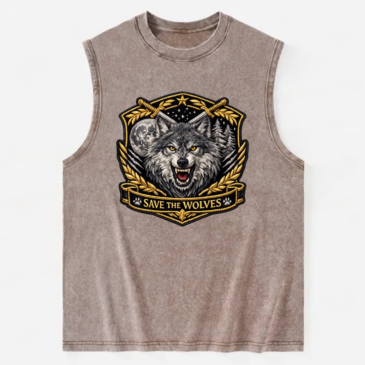 SAVE THE WOLVES - wolf moon in gray , predator protection - Vintage Washed Tank - Brown