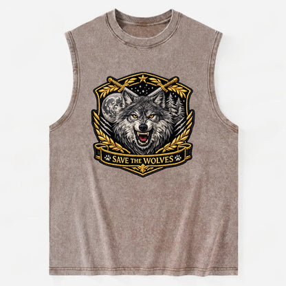 SAVE THE WOLVES - wolf moon in gray , predator protection - Vintage Washed Tank - Brown