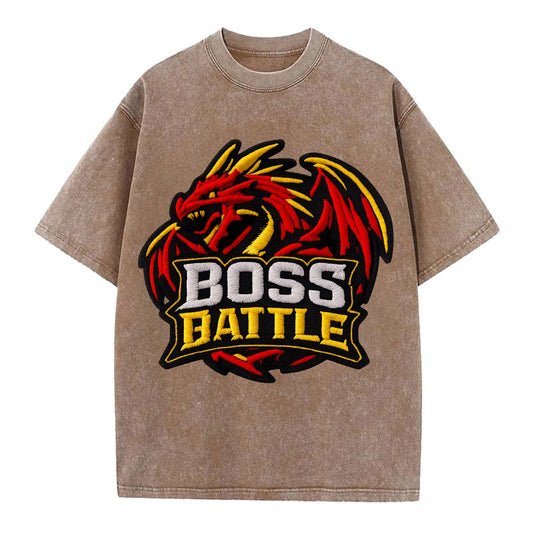 BOSS BATTLE - dragon silhouette in red and gold , raid - Vintage T-shirt - Brown