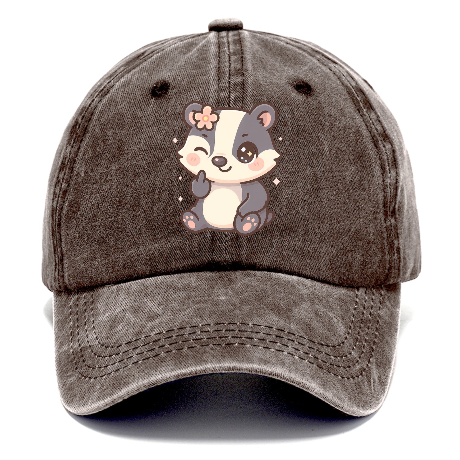 adorable badger with black and white stripes, one paw giving finger - Classic Cap - Brown