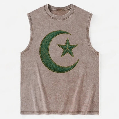 Crescent Moon and Star - Vintage Washed Tank - Brown