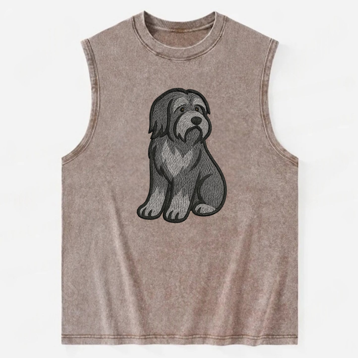 Bearded Collie - Gray shaggy coat embroidered pose - Vintage Washed Tank - Brown