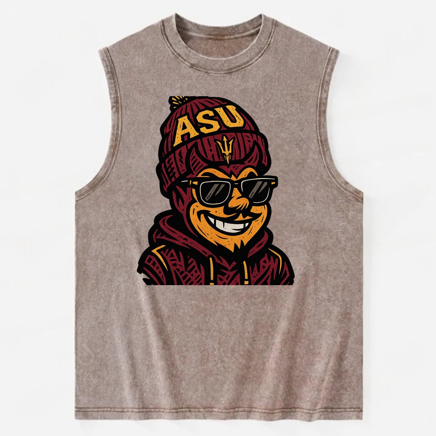 Tempe Sparky wearing Arizona State beanie with fork patch - Vintage Washed Tank - Brown