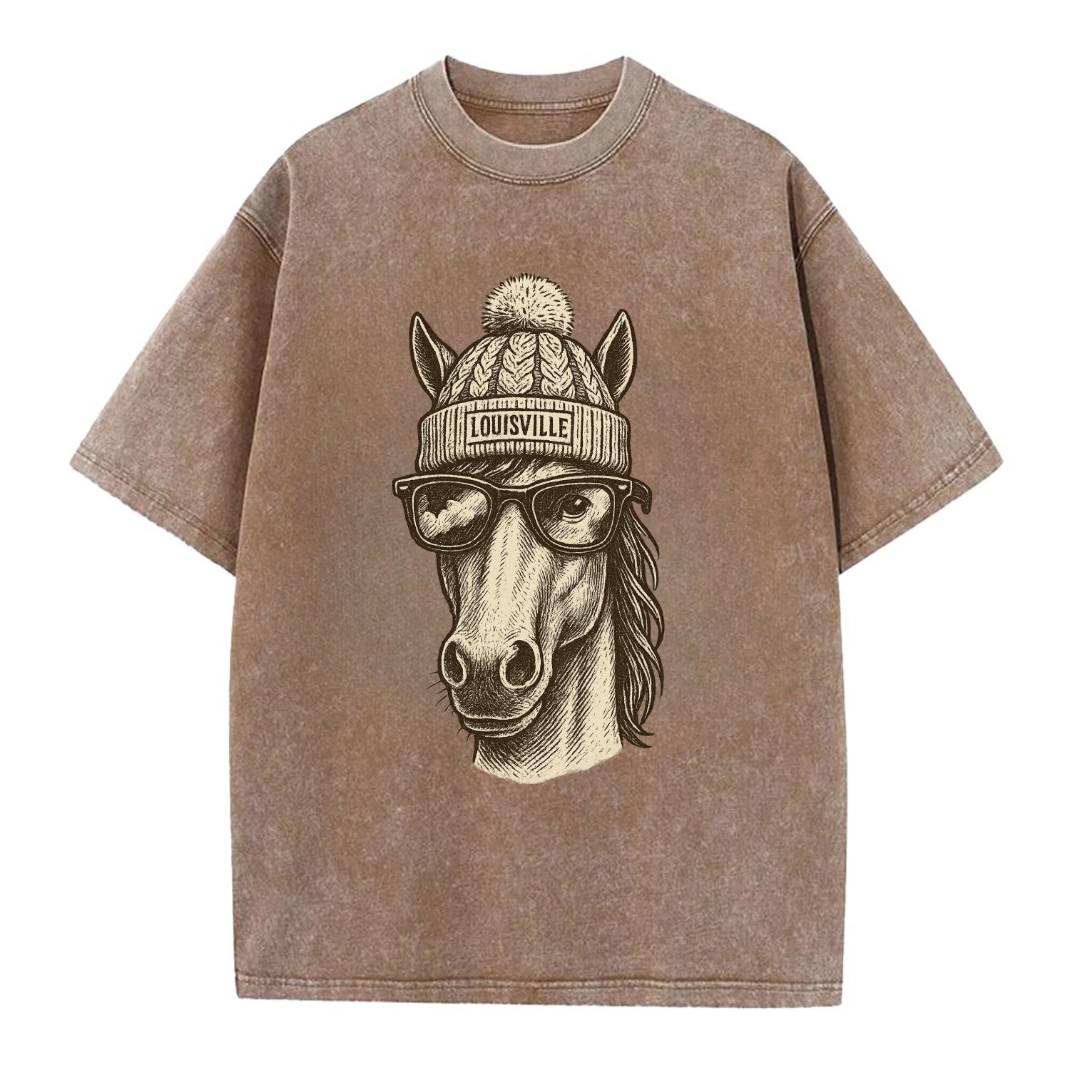 Kentucky Thoroughbred Horse wearing Louisville beanie with pom pom and wayfarer - Vintage T-shirt - Brown