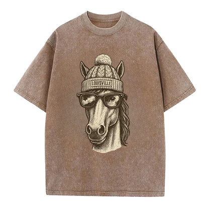 Kentucky Thoroughbred Horse wearing Louisville beanie with pom pom and wayfarer - Vintage T-shirt - Brown