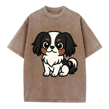 Japanese Chin - Black and white sitting pose - Vintage T-shirt - Brown