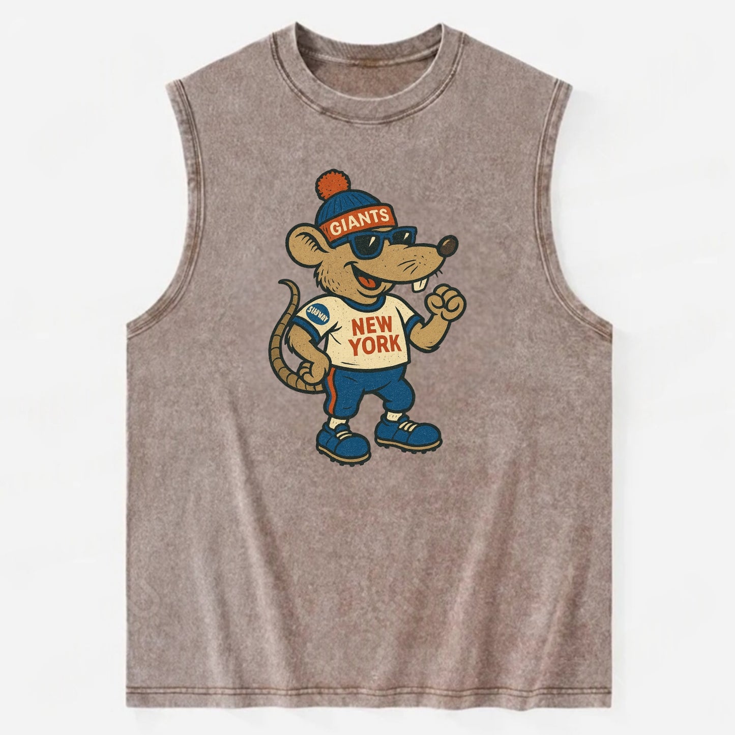New York Rat wearing Giants beanie with subway patch and wayfarer sunglasses - Vintage Washed Tank - Brown
