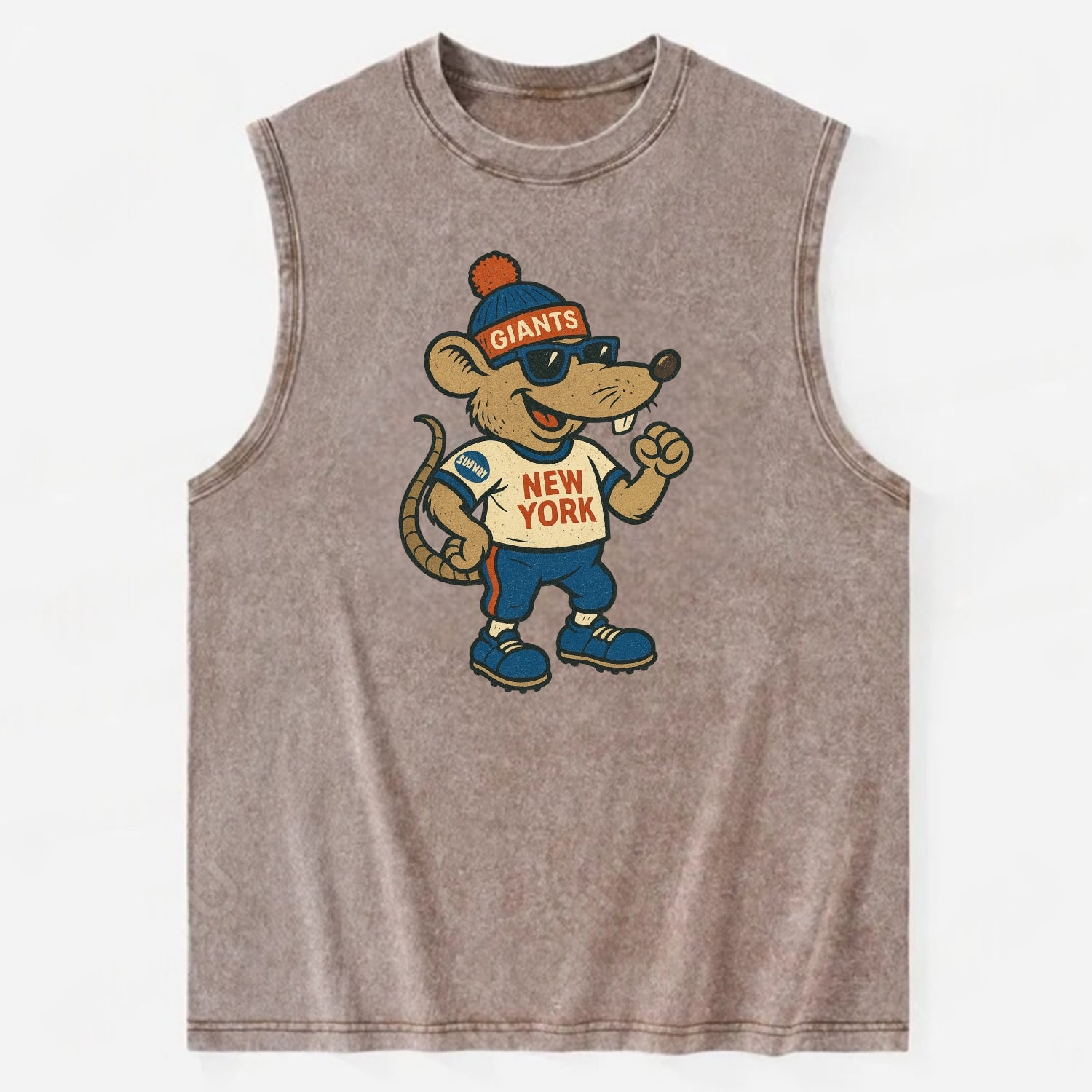 New York Rat wearing Giants beanie with subway patch and wayfarer sunglasses - Vintage Washed Tank - Brown