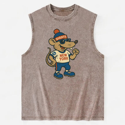 New York Rat wearing Giants beanie with subway patch and wayfarer sunglasses - Vintage Washed Tank - Brown