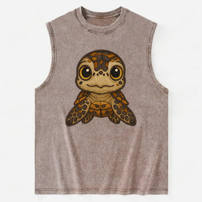 Baby Hawksbill Turtle - amber and brown shell pattern, curious golden eyes, - Vintage Washed Tank - Brown