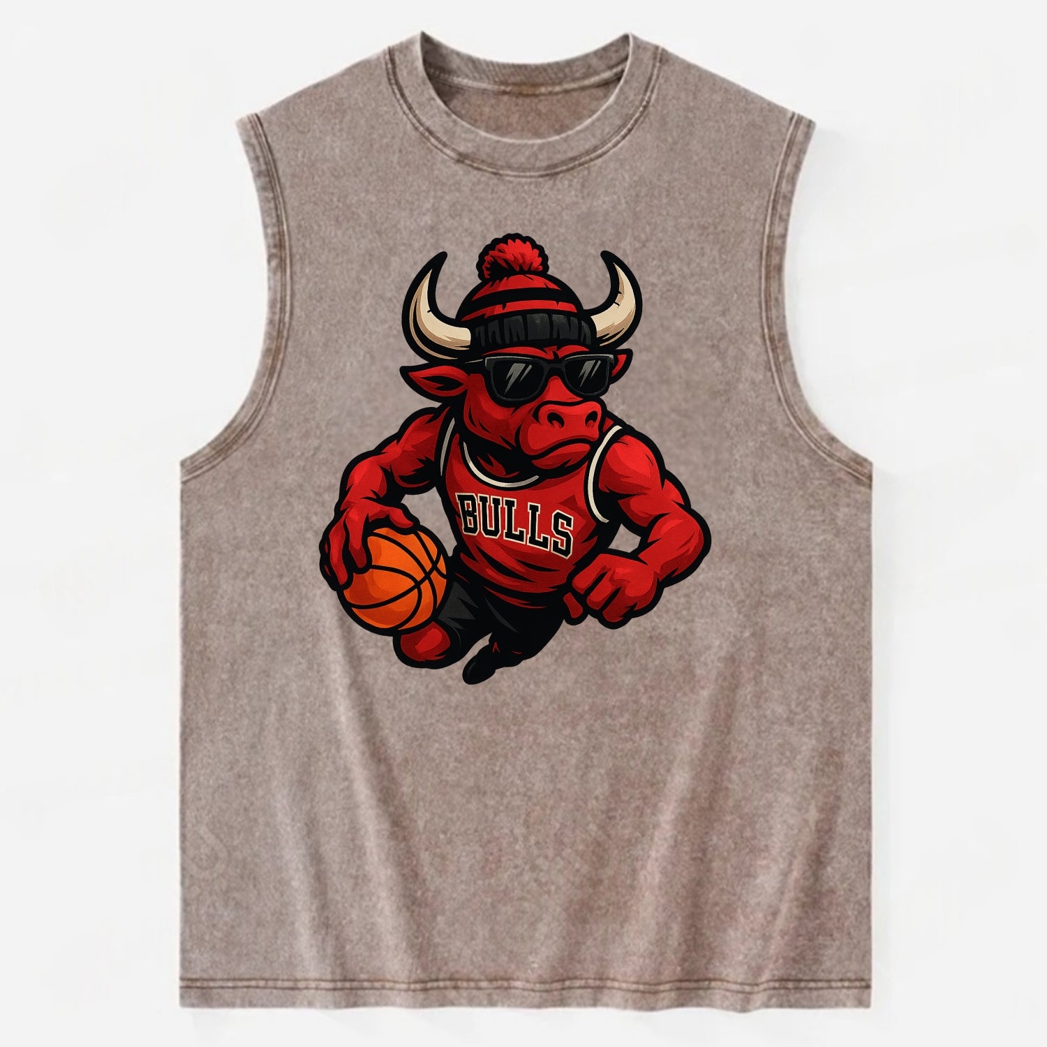 Chicago Bull wearing Bulls red and black beanie with horns design and - Vintage Washed Tank - Brown