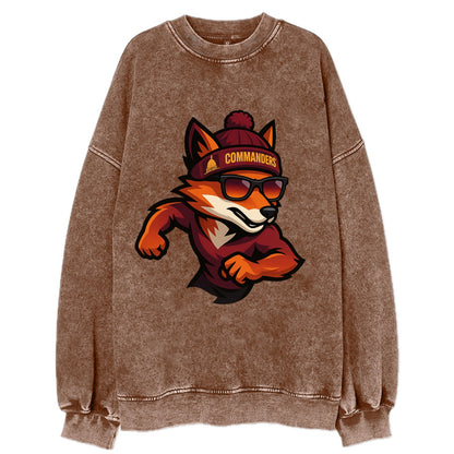Washington Fox wearing Commanders beanie with Capitol patch and wayfarer - Vintage Sweatshirt - Brown