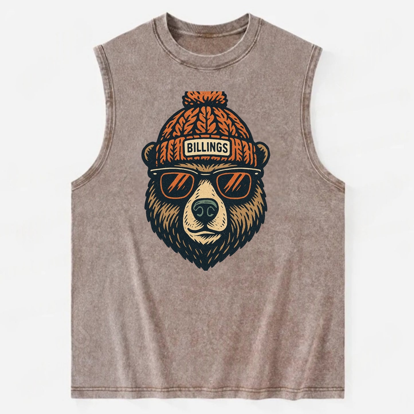 Montana Grizzly Bear wearing Billings beanie with pom pom and wayfarer - Vintage Washed Tank - Brown
