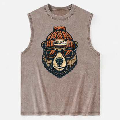 Montana Grizzly Bear wearing Billings beanie with pom pom and wayfarer - Vintage Washed Tank - Brown