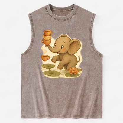Elephant balancing teacups during a floating tea ceremony beside lotus ponds - Vintage Washed Tank - Brown