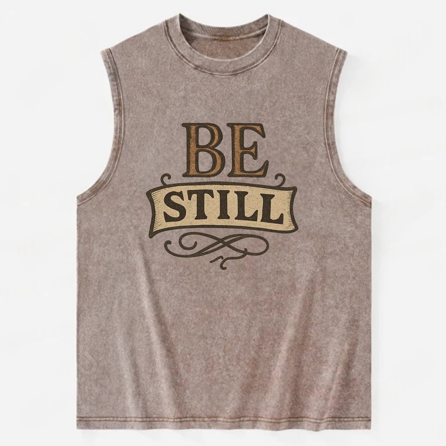 Bold typography design - "BE STILL" - quiet mind, meditation, inner peace - Vintage Washed Tank - Brown