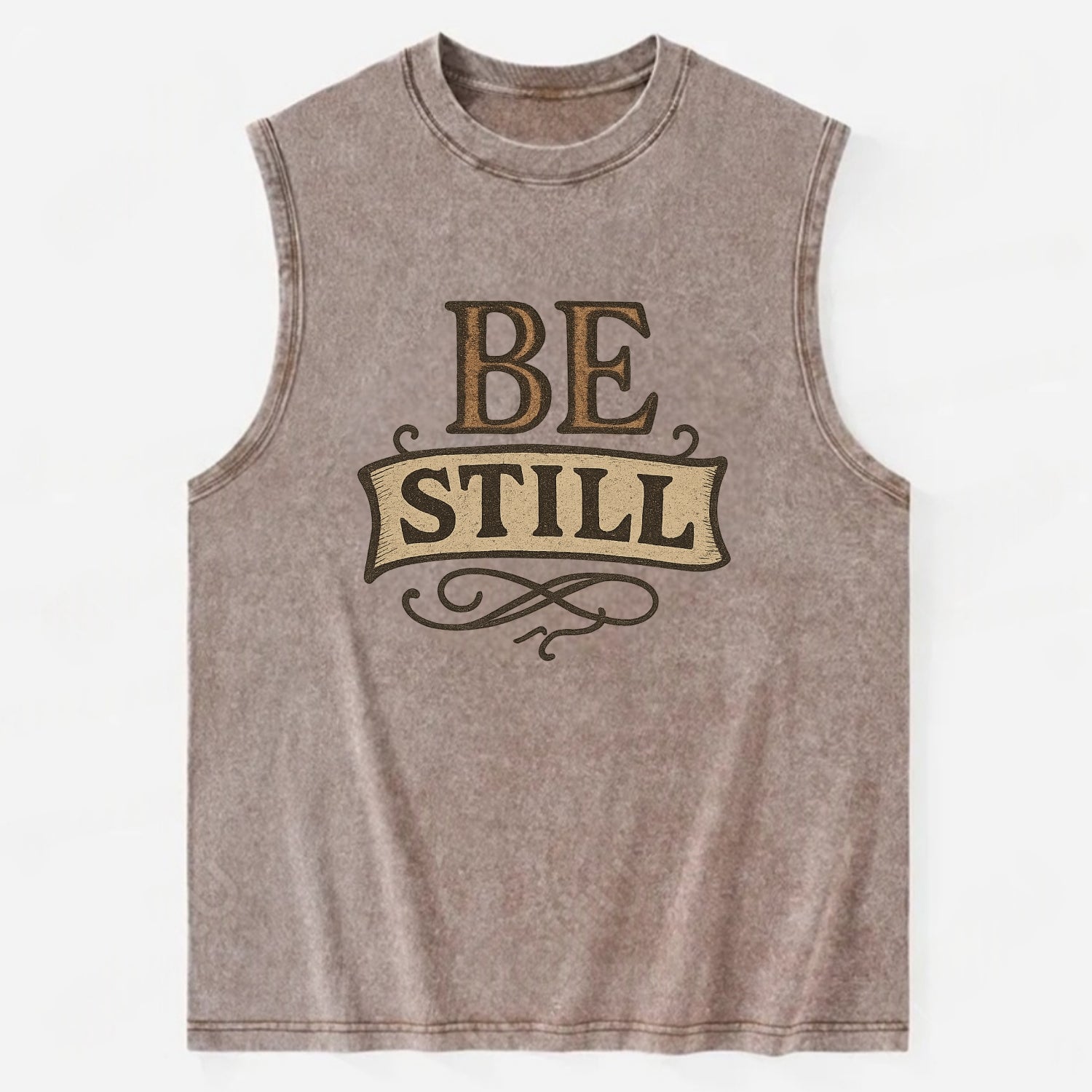 Bold typography design - "BE STILL" - quiet mind, meditation, inner peace - Vintage Washed Tank - Brown