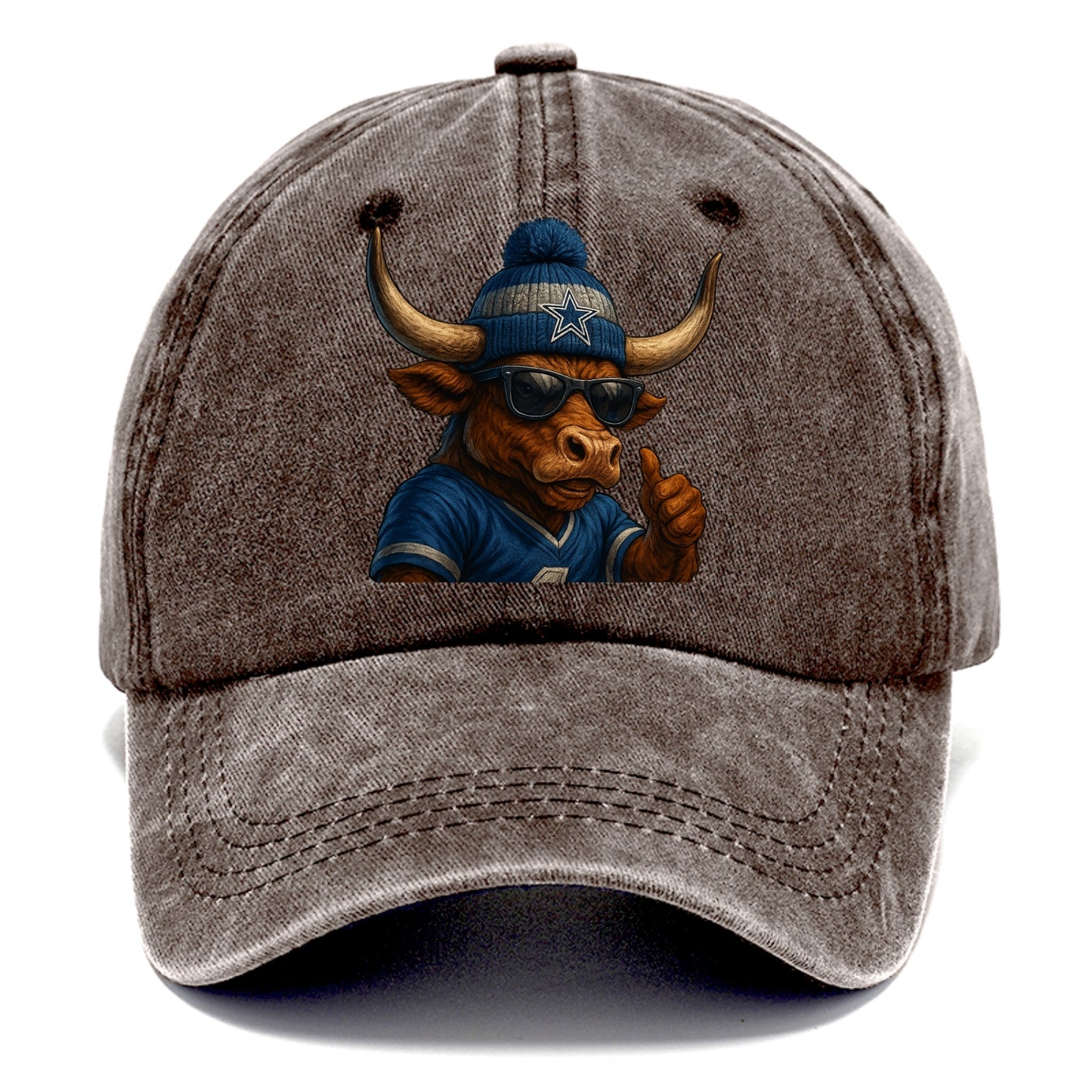 Texas Longhorn wearing Cowboys silver and blue beanie with star and wayfarer - Classic Cap - Brown