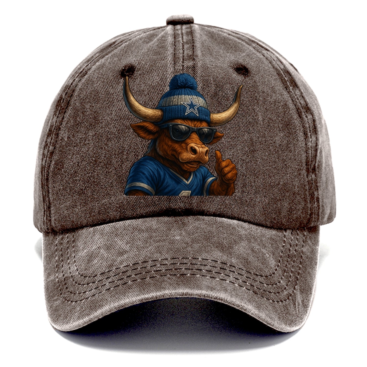 Texas Longhorn wearing Cowboys silver and blue beanie with star and wayfarer - Classic Cap - Brown