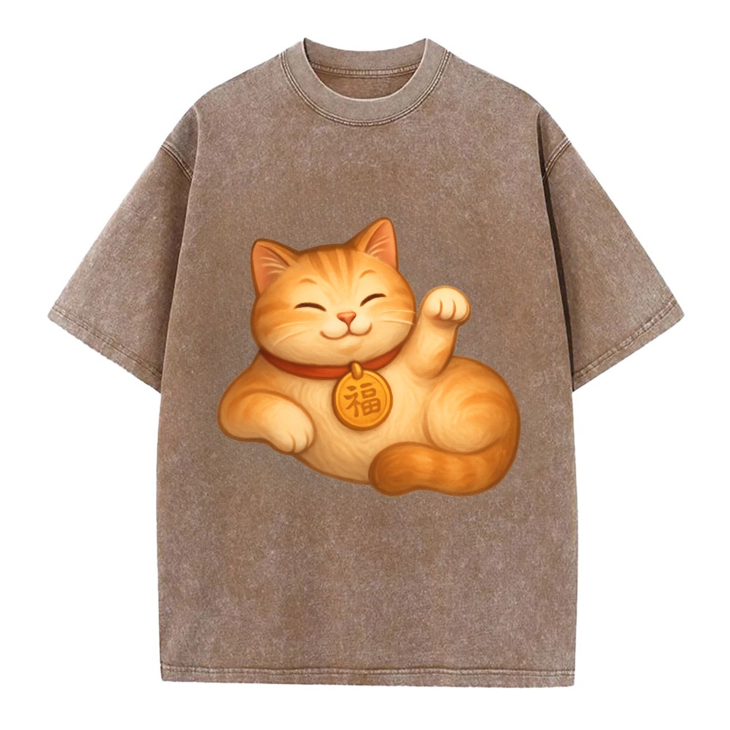 Maneki Neko Pose - Vintage T-shirt - Brown