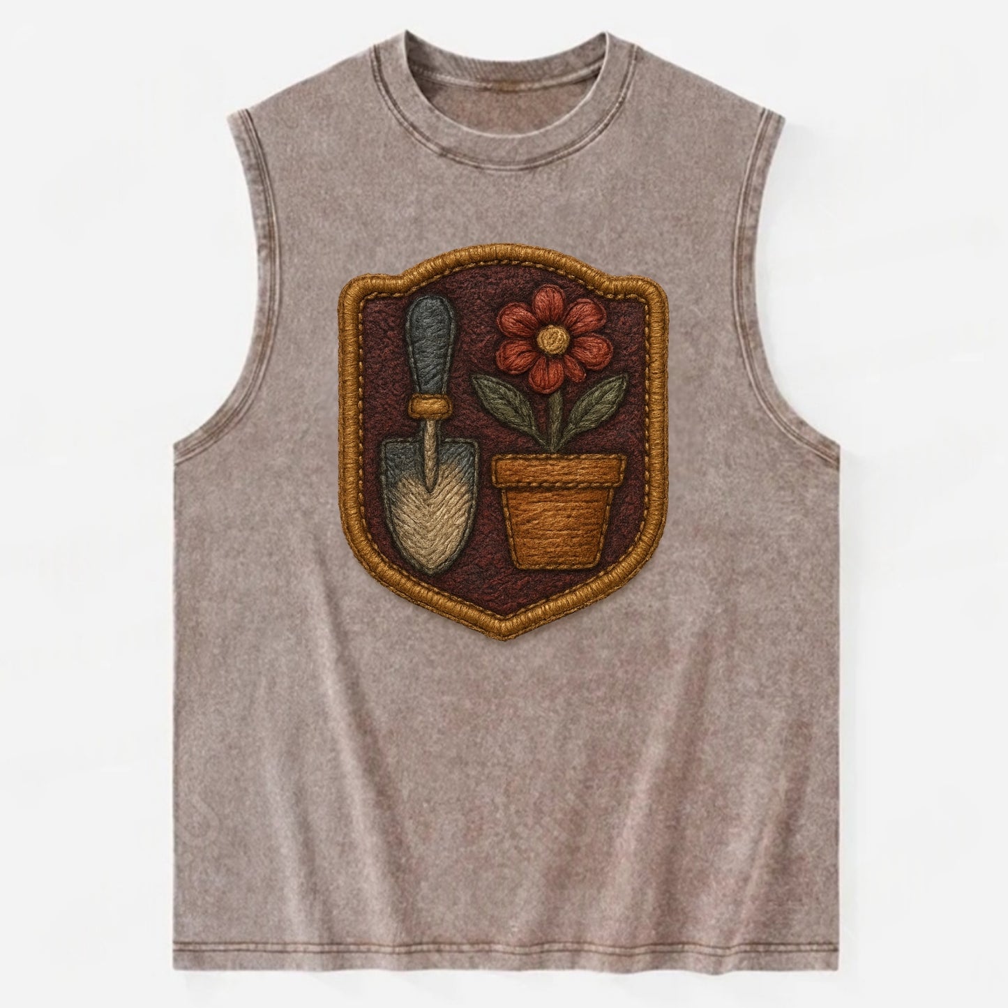 Garden trowel with flower pot - gardener badge - Vintage Washed Tank - Brown